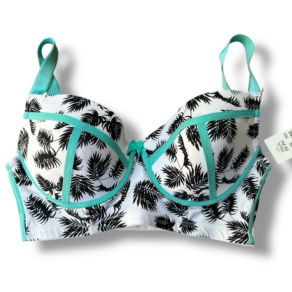 New Black Bow Teal and White Palm Print Underwire Bra | Size 38D - Picture 1 of 4